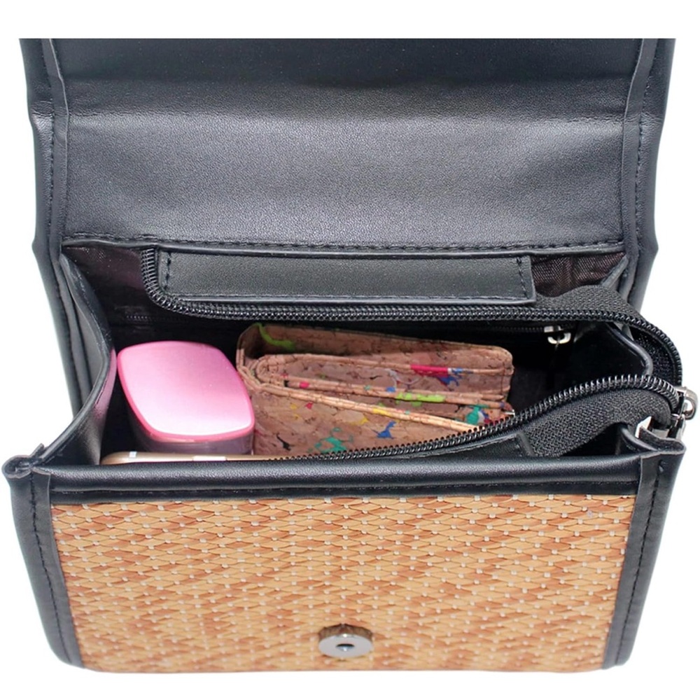 Chic Black and Straw Crossbody Bag with Adjustable Strap - Picture 4 of 7